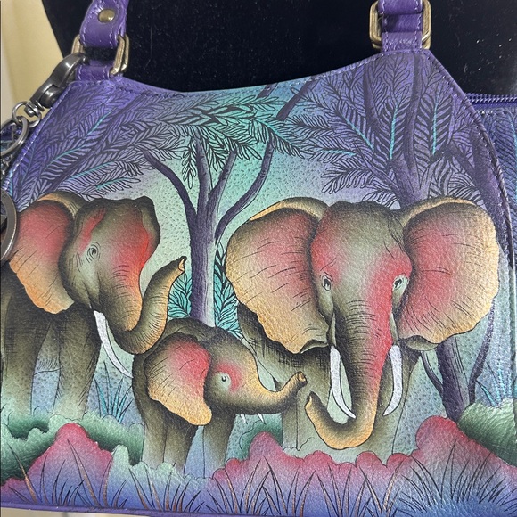 Purple Anuschka Elephant hand bag purse. Hand painted leather. - Picture 2 of 14